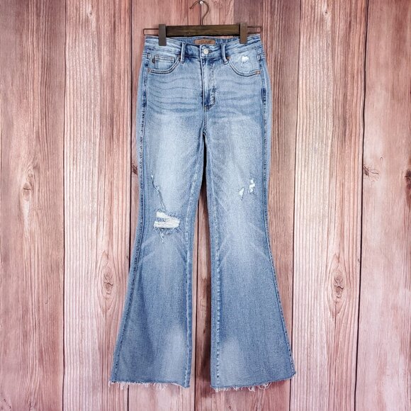 Judy Blue Womens Size 5/27 Flare Fit Distressed Mid Rise Denim Jeans Raw Hem - Picture 1 of 11